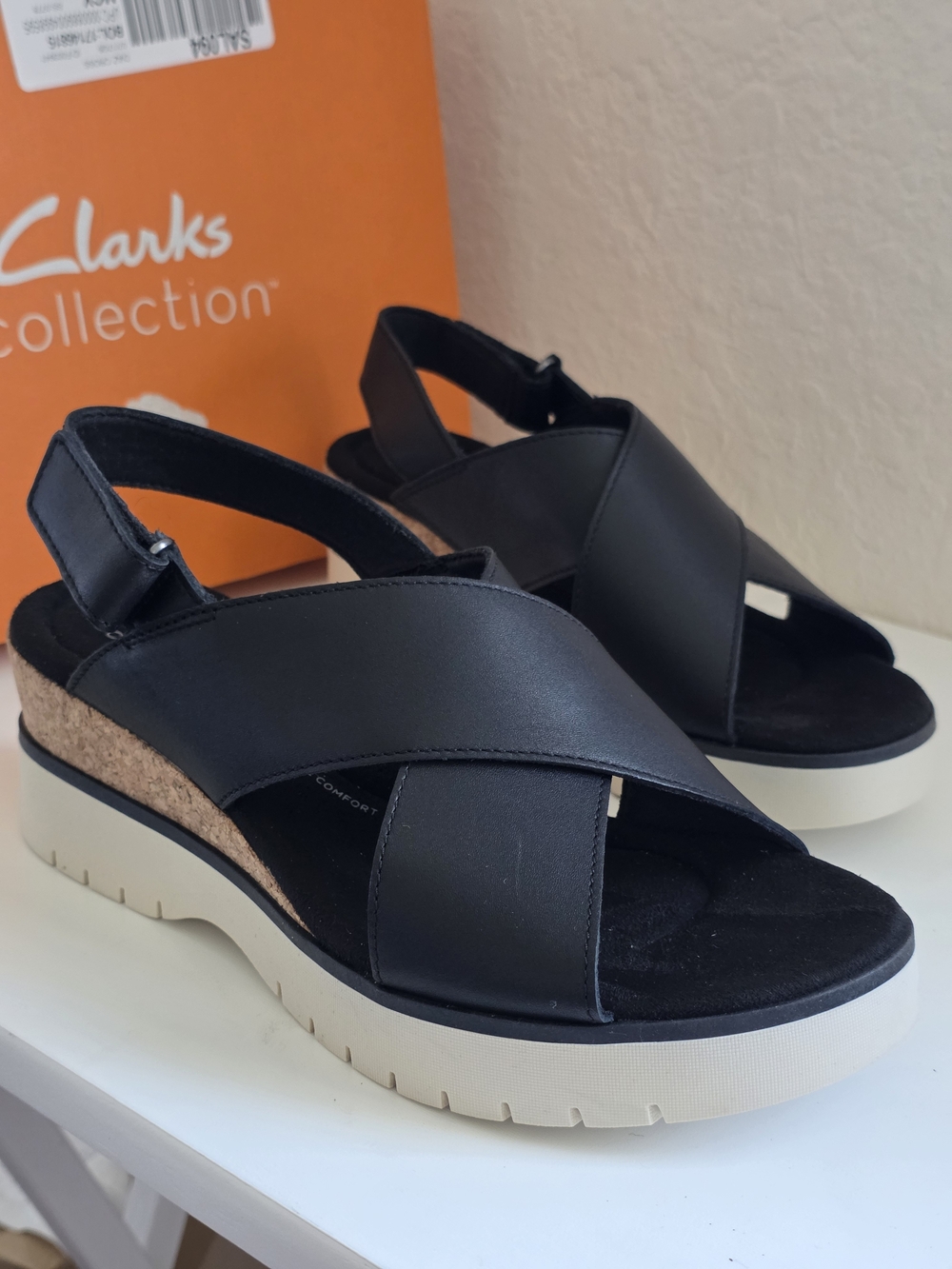 Clarks Black Leather Crossover Slingback Diaz Cross Strap Wedge Sandal Size 8